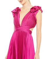 Mac Duggal Women's Ieena Pleated Ruffled Cap Sleeve Cut Out Lace Up Gown