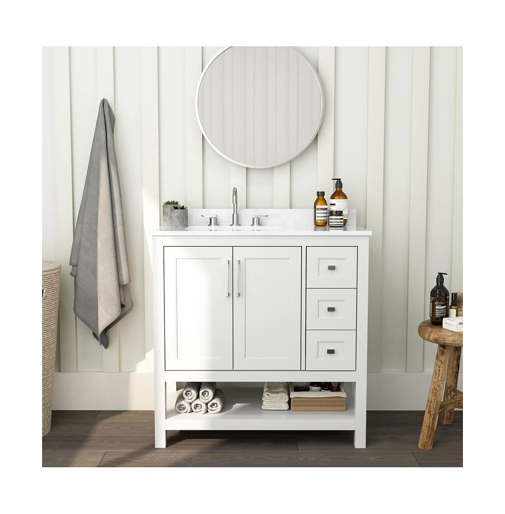 Merrick Lane Vigo Bathroom Vanity With Ceramic Sink, Carrara Marble Finish Countertop, Storage Cabinet Soft Close Doors