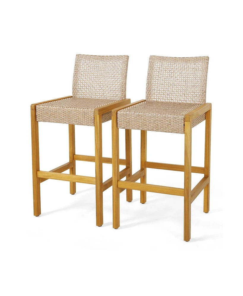 Slickblue Rattan Patio Wood Barstools Dining Chairs with Backrest-Set of 2