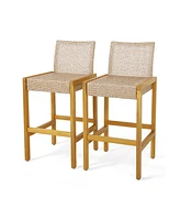 Slickblue Rattan Patio Wood Barstools Dining Chairs with Backrest-Set of 2