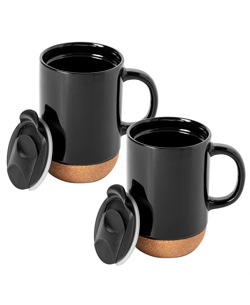 Gibson Home Modani 2 Pack Large 16.5 Oz Ceramic Mugs Set with Removable Cork Bottom and Lid - White