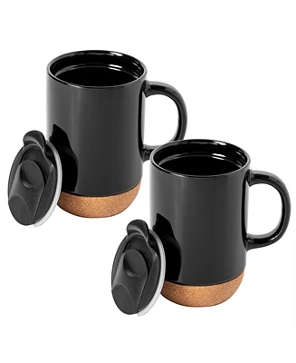 Gibson Home Modani 2 Pack Large 16.5 Oz Ceramic Mugs Set with Removable Cork Bottom and Lid - White