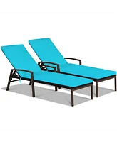 Gymax 2PCS Adjustable Patio Rattan Chaise Recliner Lounge Chair w/ Turquoise Cushion