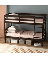 Sugift Solid Wood Twin Over Twin Bunk Bed Frame with High Guardrails and Integrated Ladder