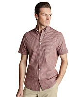 Charles Tyrwhitt Men's Slim Fit Light Button-Down Collar Non-Iron Stretch Poplin Mini Gingham Short Sleeve Shirt