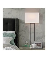 Possini Euro Design Portico Modern Corded Wall Mounted Lamp Led Dimmable Black Metal Plug-In Light Fixture White Rectangular Shade for Bedroom Bedside