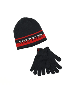 Tommy Hilfiger Big Boys Split Monotype Hat And Gloves Set