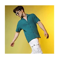 Men's Teal Green Self-Design Creased Striped Shirt