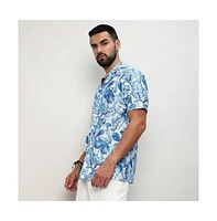 Campus Sutra Men's Chalk White:Indigo Blue Mesh Foliage Shirt