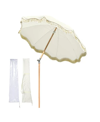 LAGarden 6 Ft Fringe Patio Umbrella with Tassel Jazz Age Wood UPF50+ for Outdoor, Beige with gold tassel,Model: JZ6-01