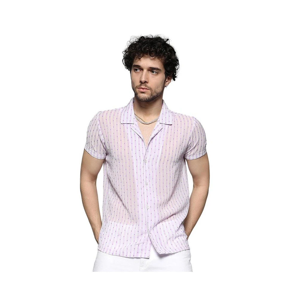 Campus Sutra Men's White & Lavender Balanced Striped Shirt