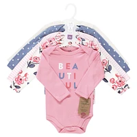 Touched by Nature Baby Girls Cotton Long-Sleeve Bodysuits, Bubblegum Floral, Preemie