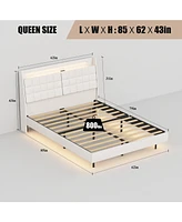 Mondawe Beige Floating Bed Frame with Led Light and Charging Station Upholstered Platform