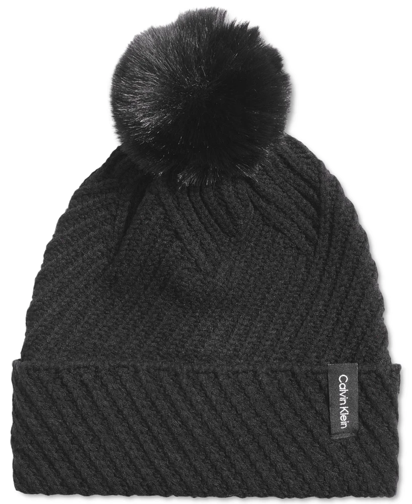 Calvin Klein Chunky Rib Knit Pom Beanie