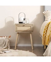 Sugift Modern Rattan Nightstand with Drawer and Solid Wood Legs for Bedroom and Living Room