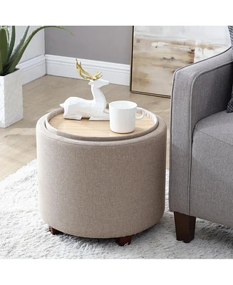 Lawrence Round Linen Storage Ottoman with Table Top Lid