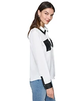 Karl Lagerfeld Paris Women's Faux-Leather-Trim Button-Front Top