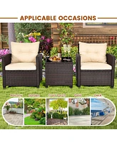 Givimo 3 Pieces Patio Rattan Furniture Set with Washable Cushions and Tempered Glass Tabletop