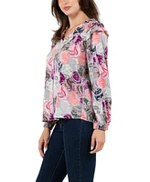 Fever Women's Print Satin Like Top with Ruffle Shoulder Detail