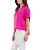 Fever Women's Solid Textured Satin-like Top with Collar