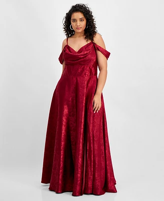 B Darlin Trendy Plus Off-The-Shoulder Satin Jacquard Gown