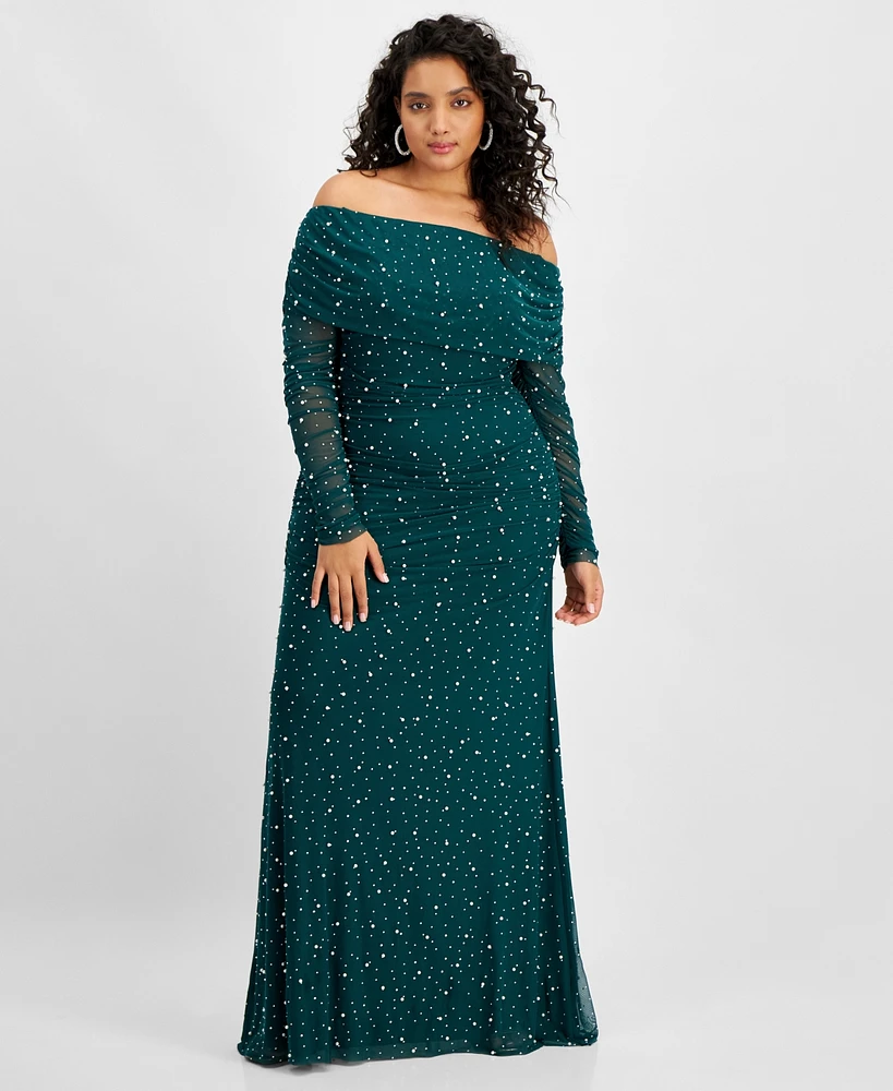 B Darlin Trendy Plus Off-The-Shoulder Pearl Gown