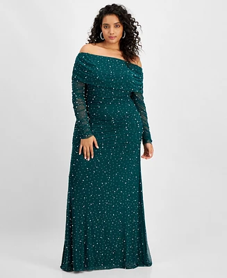 B Darlin Trendy Plus Off-The-Shoulder Pearl Gown