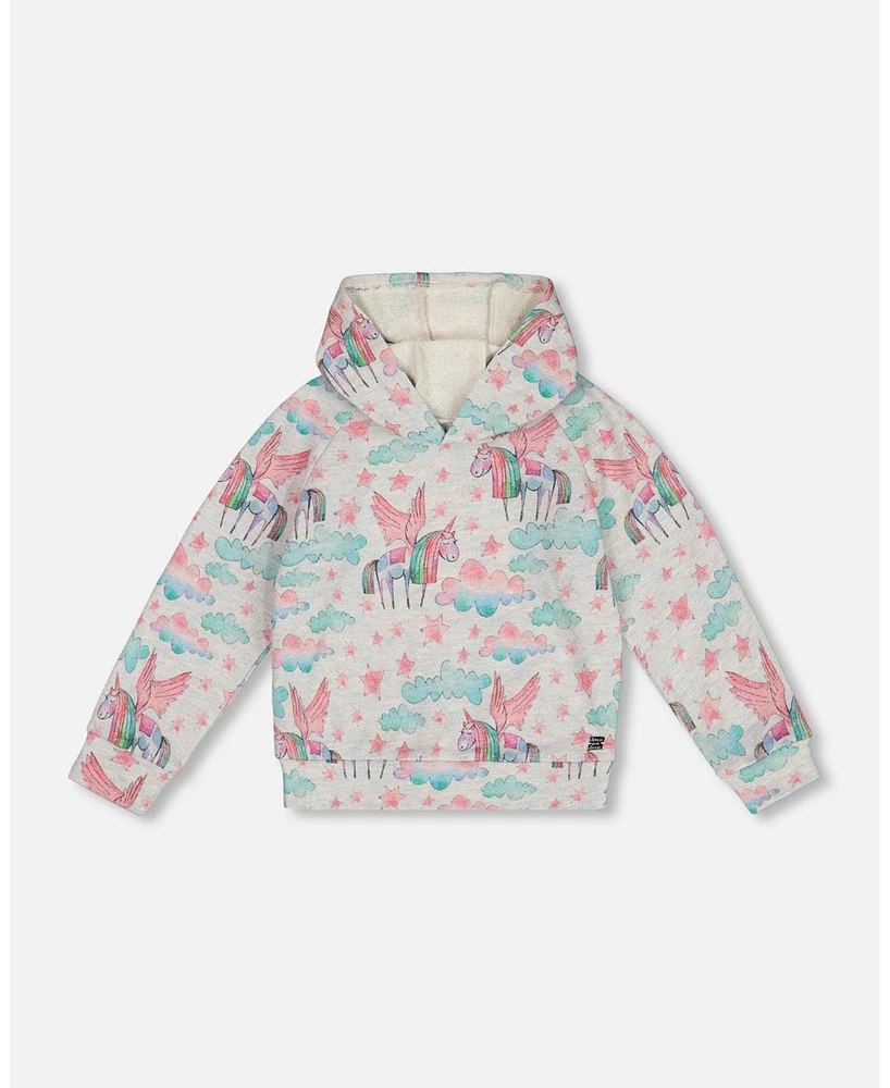 Deux par Big Girls Printed Shiny French Terry Hoodie Gray Mix Unicorn