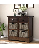 Simplie Fun Rustic Storage Cabinet With Two Drawers And Four Classic Rattan Basket