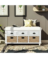 Streamdale Furniture Rustic Storage Bench With 3 Drawers And 3 Rattan Baskets, Shoe Bench For Living Room