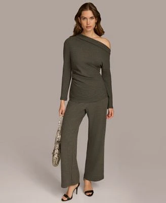 Donna Karan New York Womens Rib Knit Asymmetric Neck Top Pant