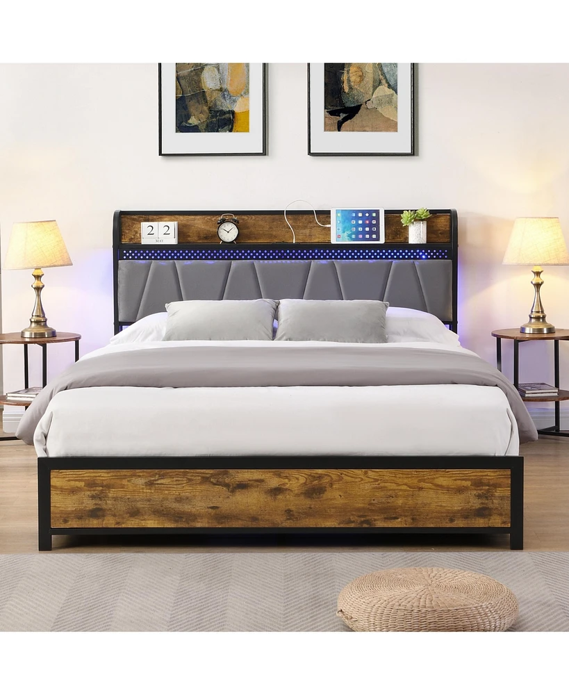 Streamdale Furniture Queen Bed Frame with Storage, Charging Station, Led Lights, and Drawers