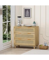 Streamdale Furniture 31.5"Oak 3-Drawer Rattan Storage Cabinet for Any Room