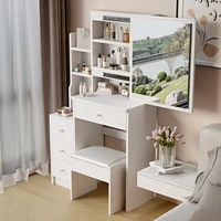 Small Space Vanity Table with Stool, Multi-Layer Storage, for Girls Up to 5.6FT