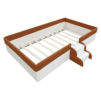 Streamdale Furniture Twin Size Upholstered Daybed Frame with Fence and Stairs,(Brown+White)