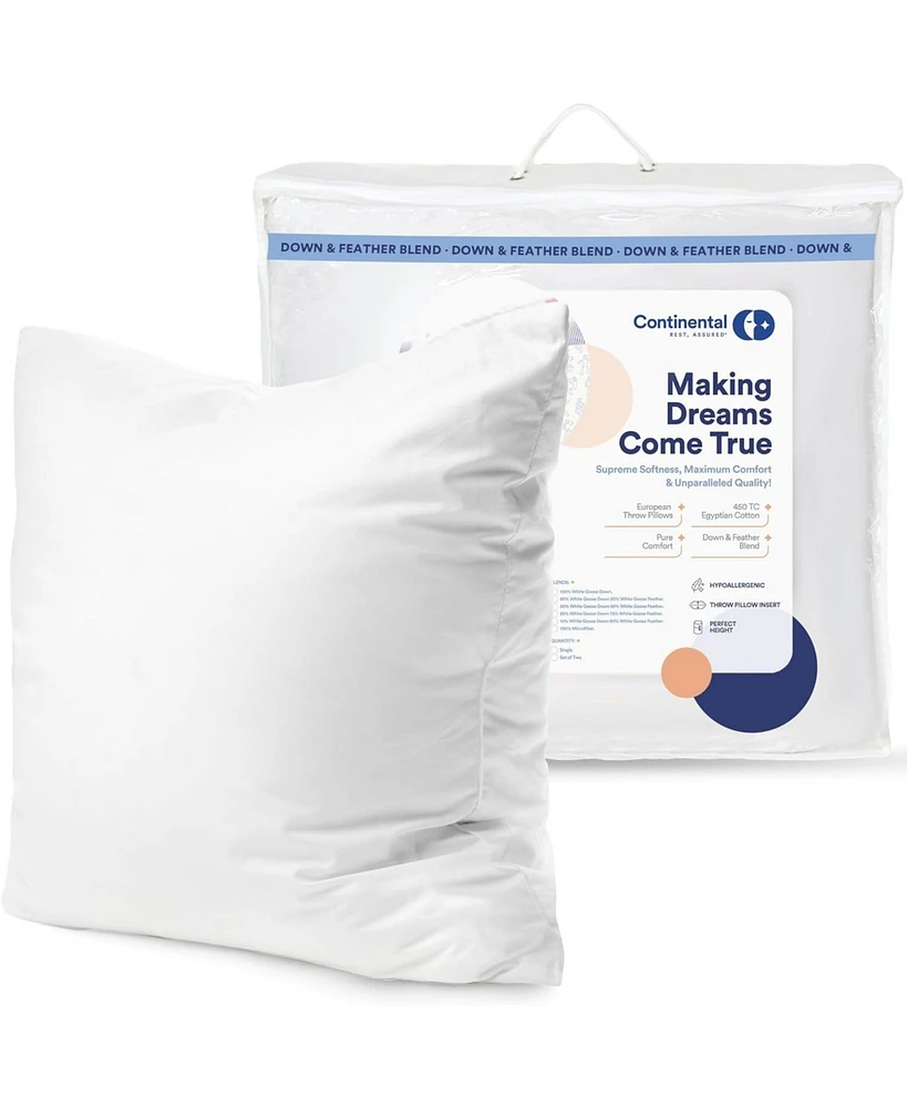 Continental Bedding 18x18 Set of 2 Luxury Throw Pillow Insert 10% down 90% Feather