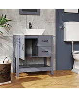 30" Gray Bathroom Vanity And Sink Combo Marble Pattern Top with Mirror Faucet&Dra
