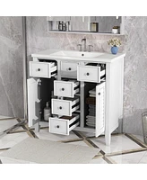 Streamdale Furniture 36" Bathroom Vanity With Ceramic Basin, Two Cabinets And Five Drawers, Solid Wood Frame, White