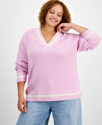 On 34th Trendy Plus V-Neck Tipped Sweater