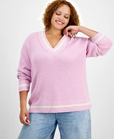 On 34th Trendy Plus V-Neck Tipped Sweater