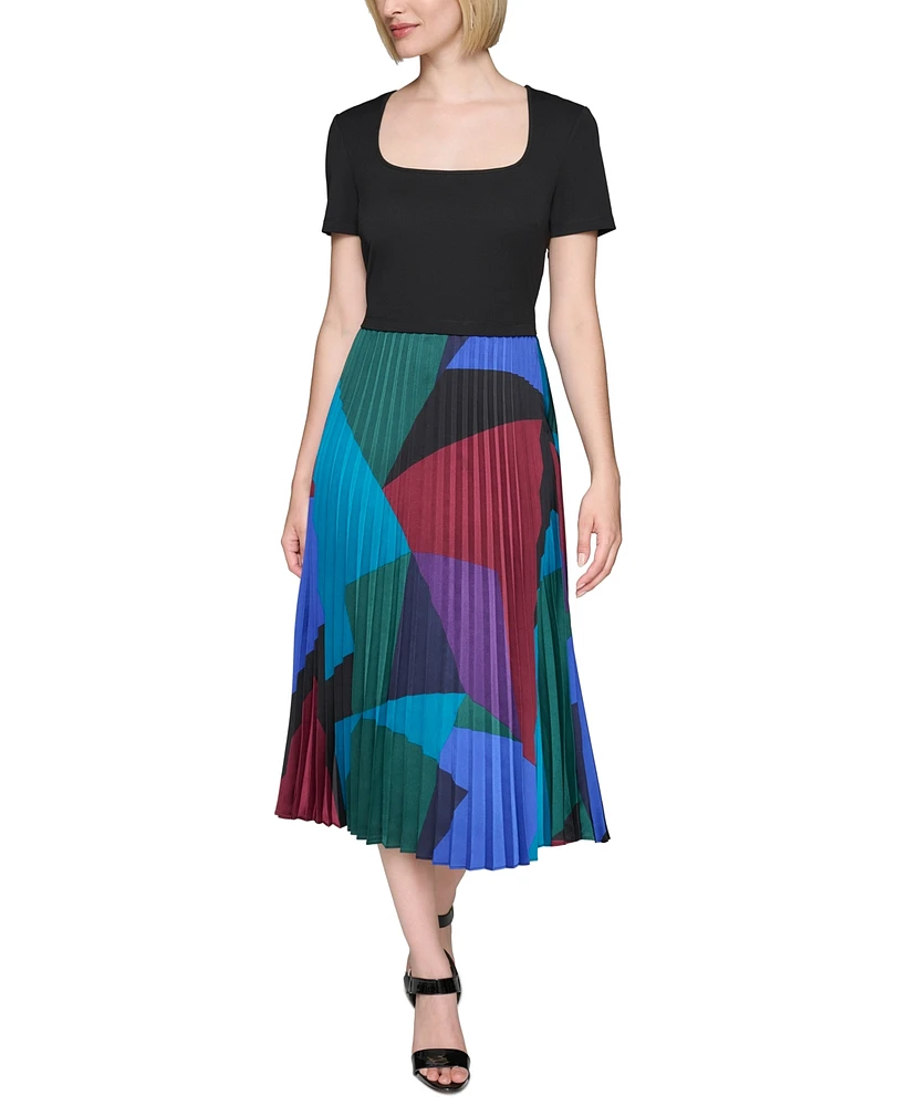 Karl Lagerfeld Paris Women's Mixed-Media Printed Pleated Dress