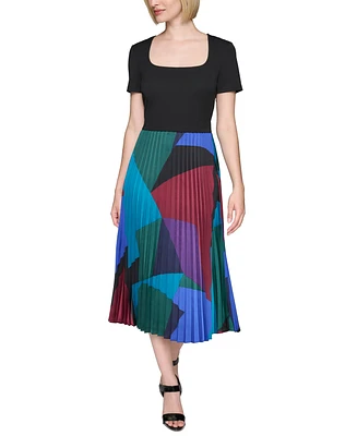 Karl Lagerfeld Paris Women's Mixed-Media Printed Pleated Dress