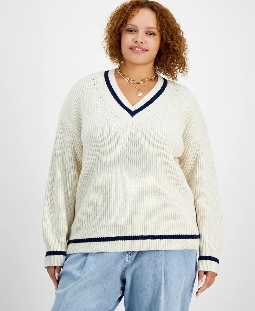 On 34th Trendy Plus V-Neck Tipped Sweater