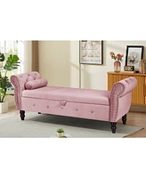 Streamdale Furniture Velvet Storage Ottoman Bench with Crystal Buckle, Solid Wood Legs, Pillow