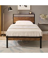 Streamdale Furniture Metal Platform Bed Frame with Wooden Headboard and Usb Liner