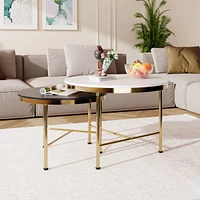 Modern Round Nesting Coffee Table Set, Black & White Sintered Stone Top, Gold Base