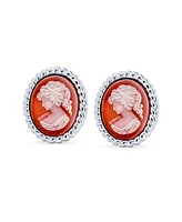 Bling Jewelry Classic Antique Terracotta Red White Carved Oval Framed Victorian Lady Portrait Cameo Stud Earrings For Women Sterling Silver