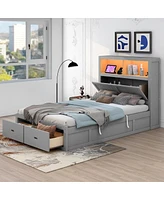 Streamdale Furniture Wood Full Size Hydraulic Platform Bed With Storage Led Headboard, Charging Station And 2 Drawers