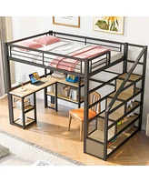 Streamdale Furniture Full Size Metal Loft Bed With Staircase, Built-In Desk And Shelves