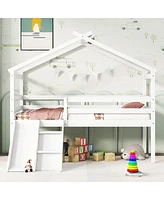 Streamdale Furniture Twin Low Loft House Bed With Slide, Ladder, Safety Guardrails, House Roof Frame, White